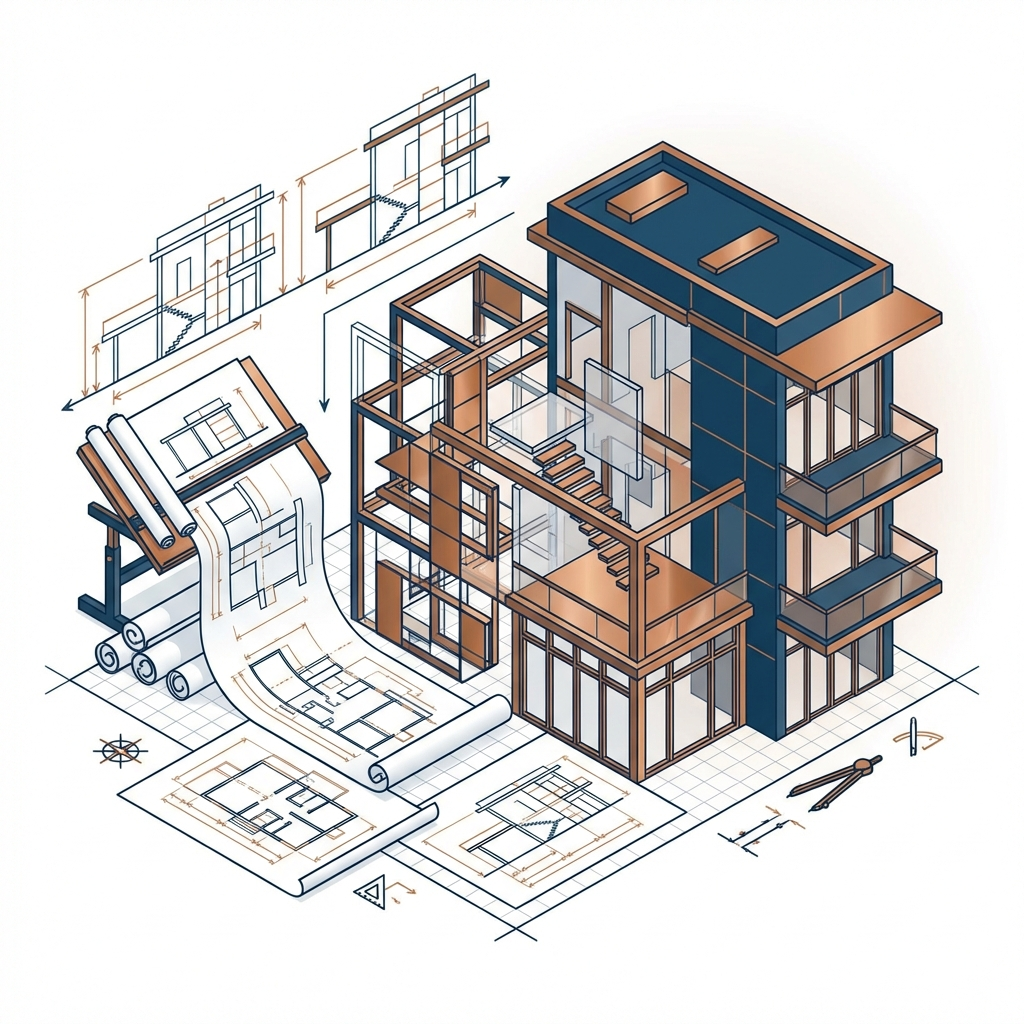Building design process - from blueprints to completed project